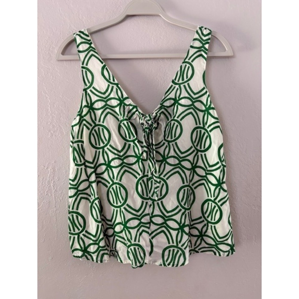 Maeve Anthropologie Tank Top Green‎ White Geometric Tie Neck Sleeveless XS